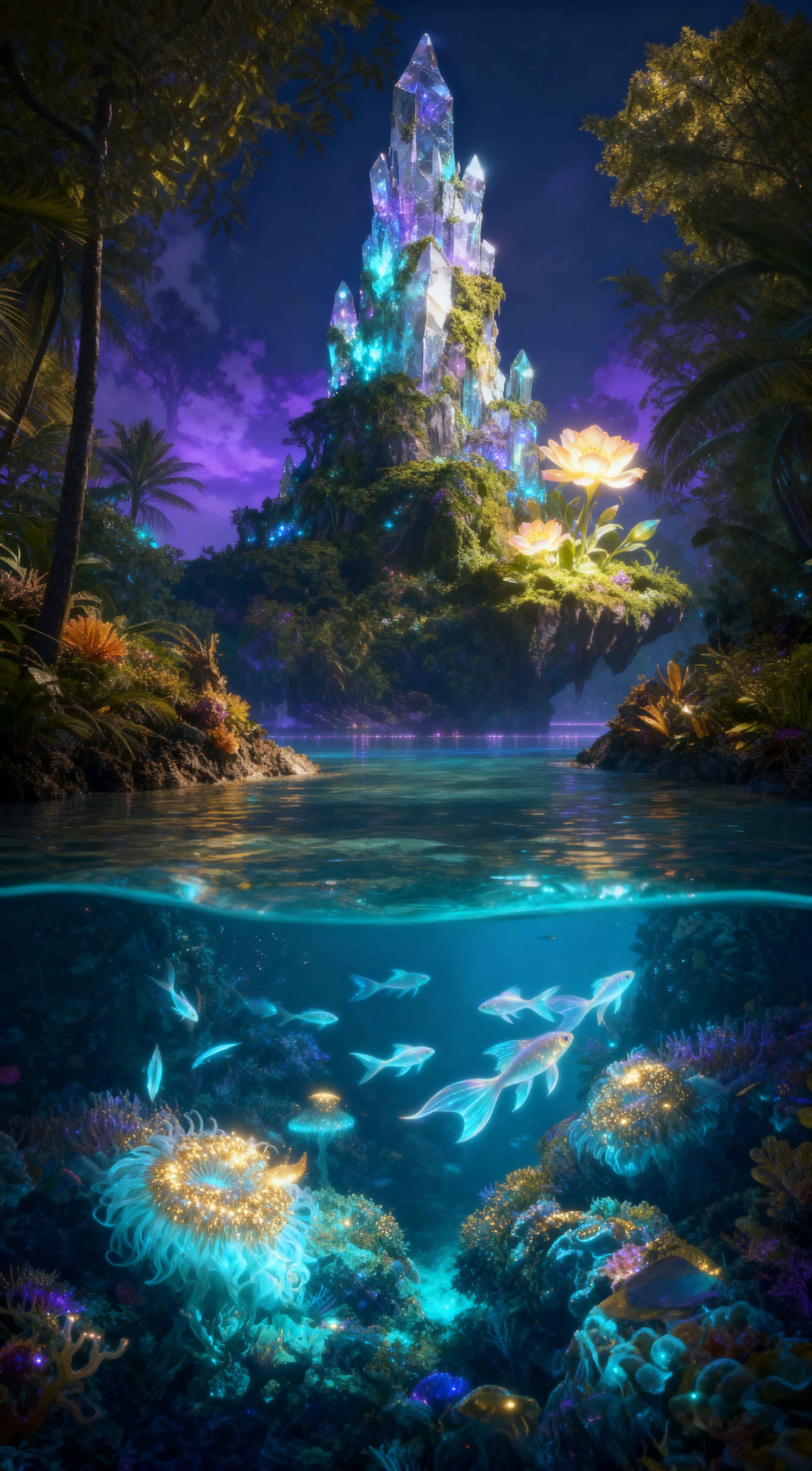 Split-view of a glowing crystal mountain above water and bioluminescent fish and coral in a deep blue ocean.