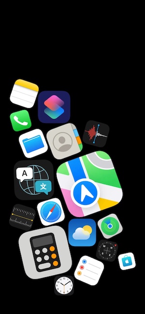 검정색 배경 위에 흩어져 있는 다양한 iOS 모바일 앱 아이콘의 창의적인 배치.