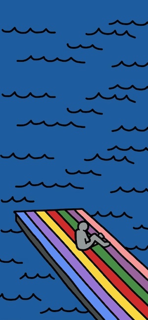 一個灰色人影坐在深藍色海洋中的彩虹色平台上，極簡普普藝術風格。