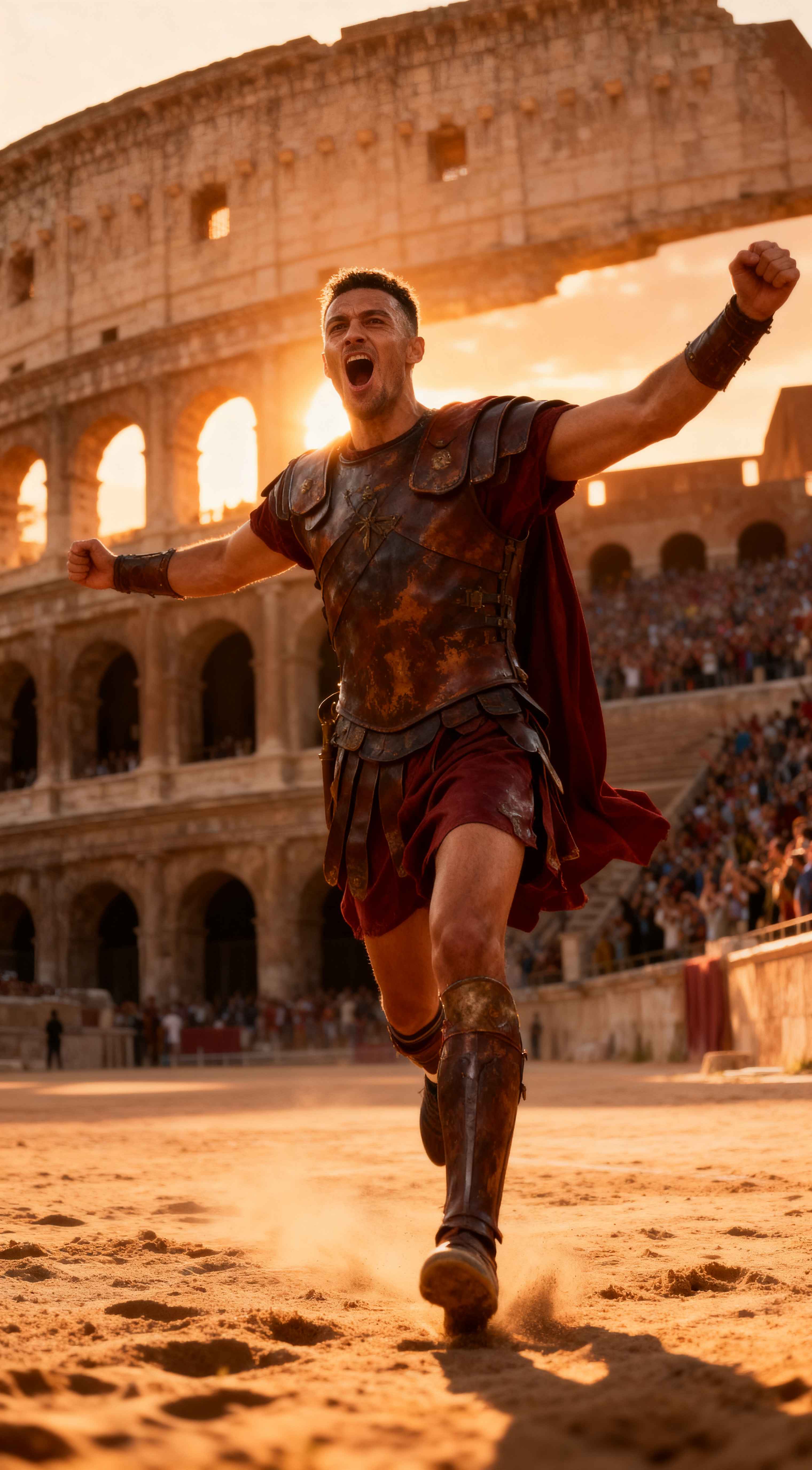 A victorious Roman gladiator shouting with arms raised in front of the sunlit Colosseum at sunset.