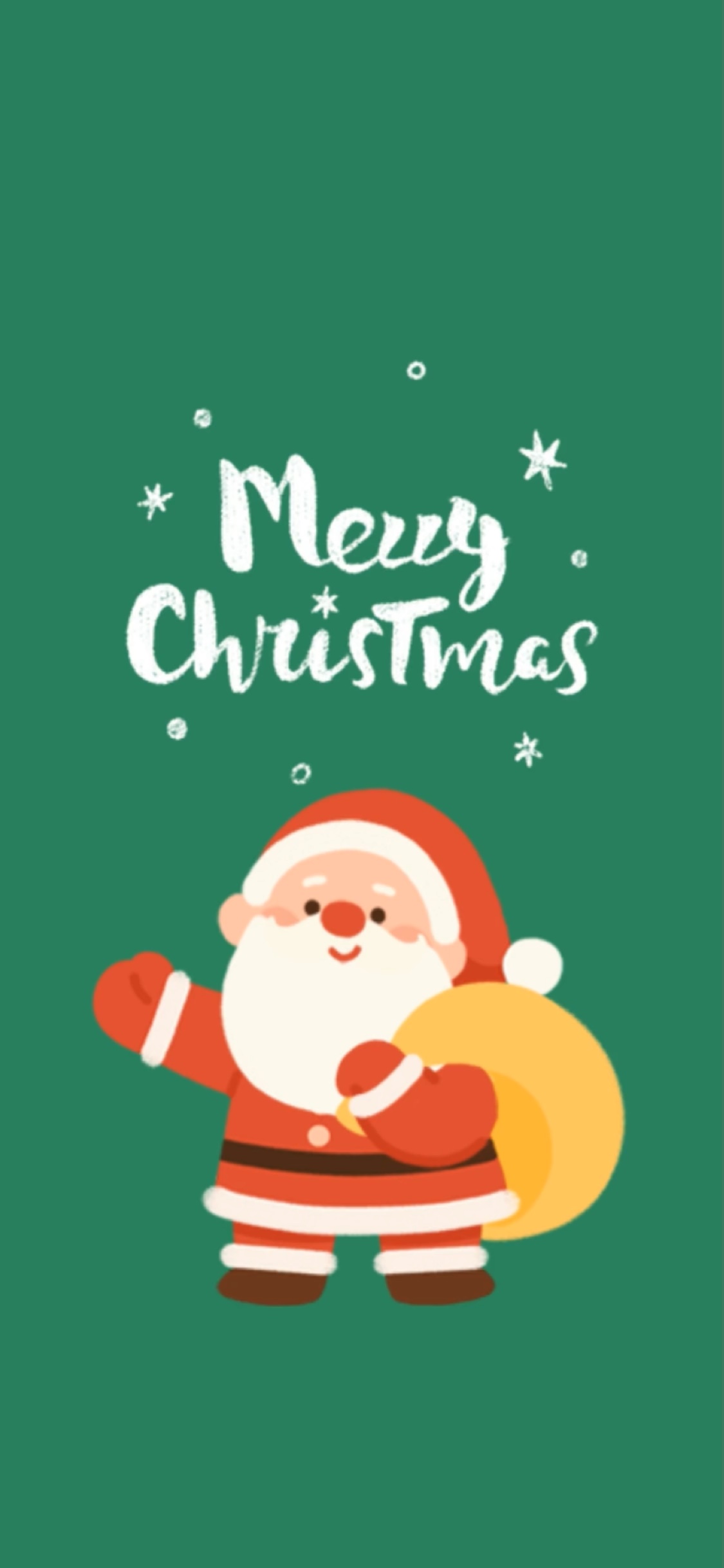 Ilustración animada de un tierno Papá Noel con saco de regalos sobre fondo verde y nieve.