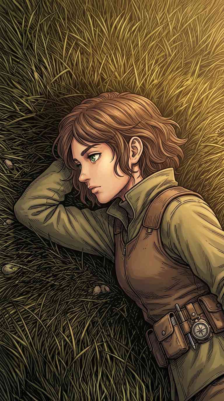 긴 풀밭에 누워 있는 진격의 거인 가비 브라운, 옆모습, 대지 색조.