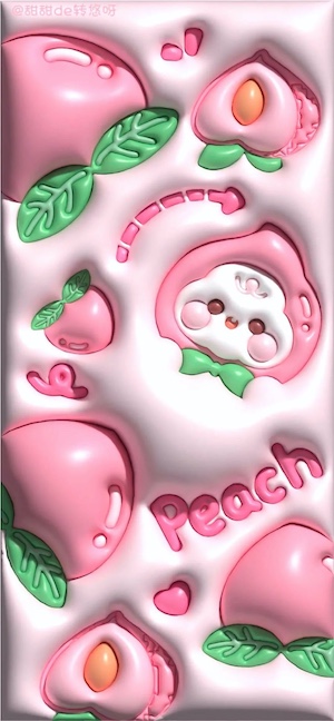 3D-Hintergrundbild mit geprägten rosa Pfirsichen, einem süßen weißen Charakter und dem Schriftzug 'Peach'.