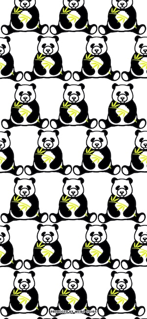 A repeating pattern of cute black and white pandas holding green bamboo stalks on a clean white background.