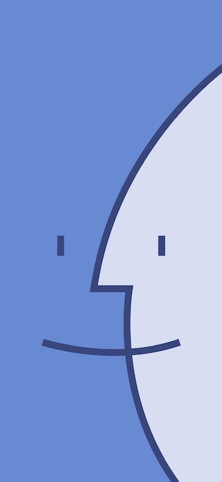 Una ilustración minimalista en azul del icono de la cara sonriente de macOS Finder con diseño plano.