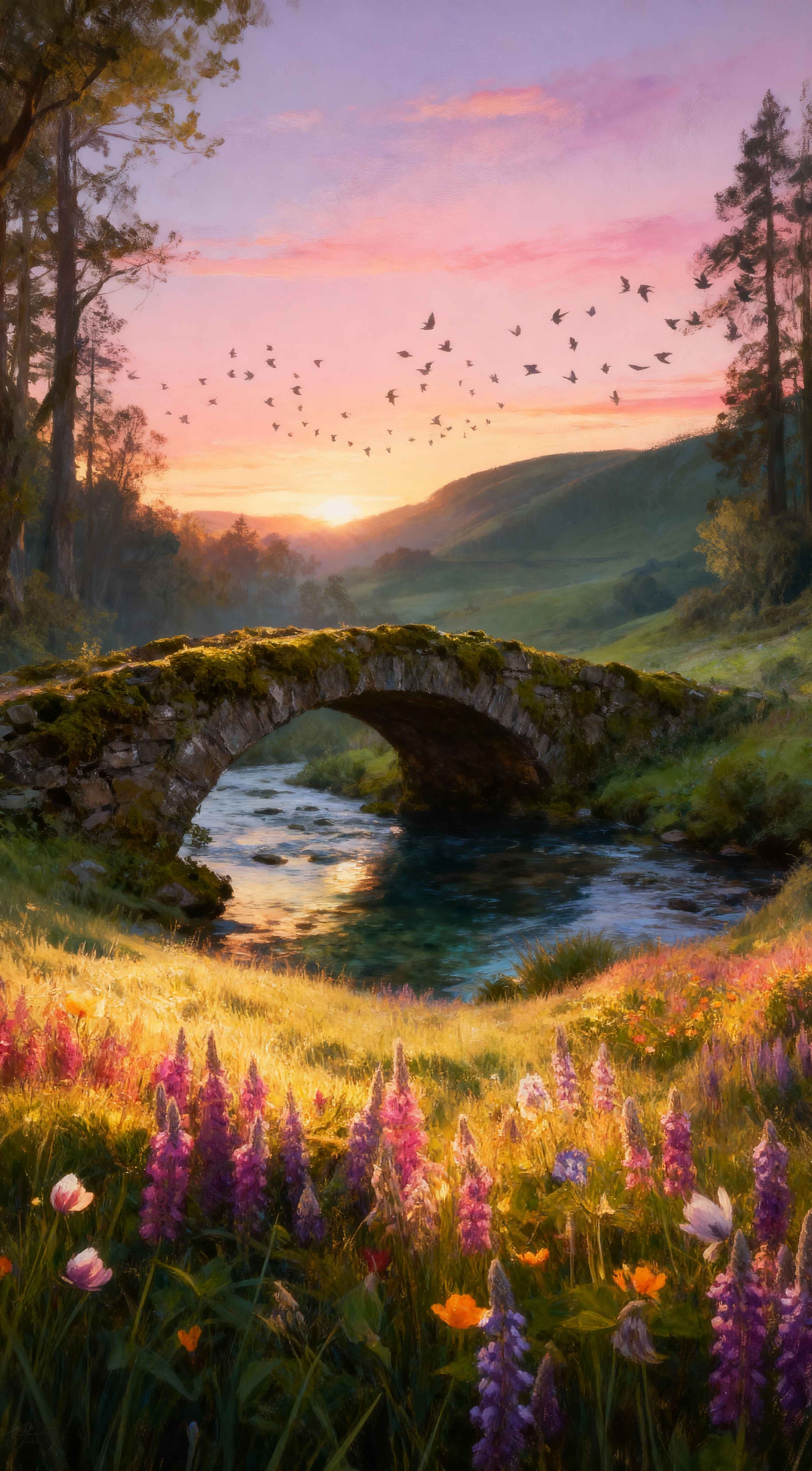 Oil painting of a stone bridge over a river at sunset with blooming purple wildflowers and birds flying in a pink sky.