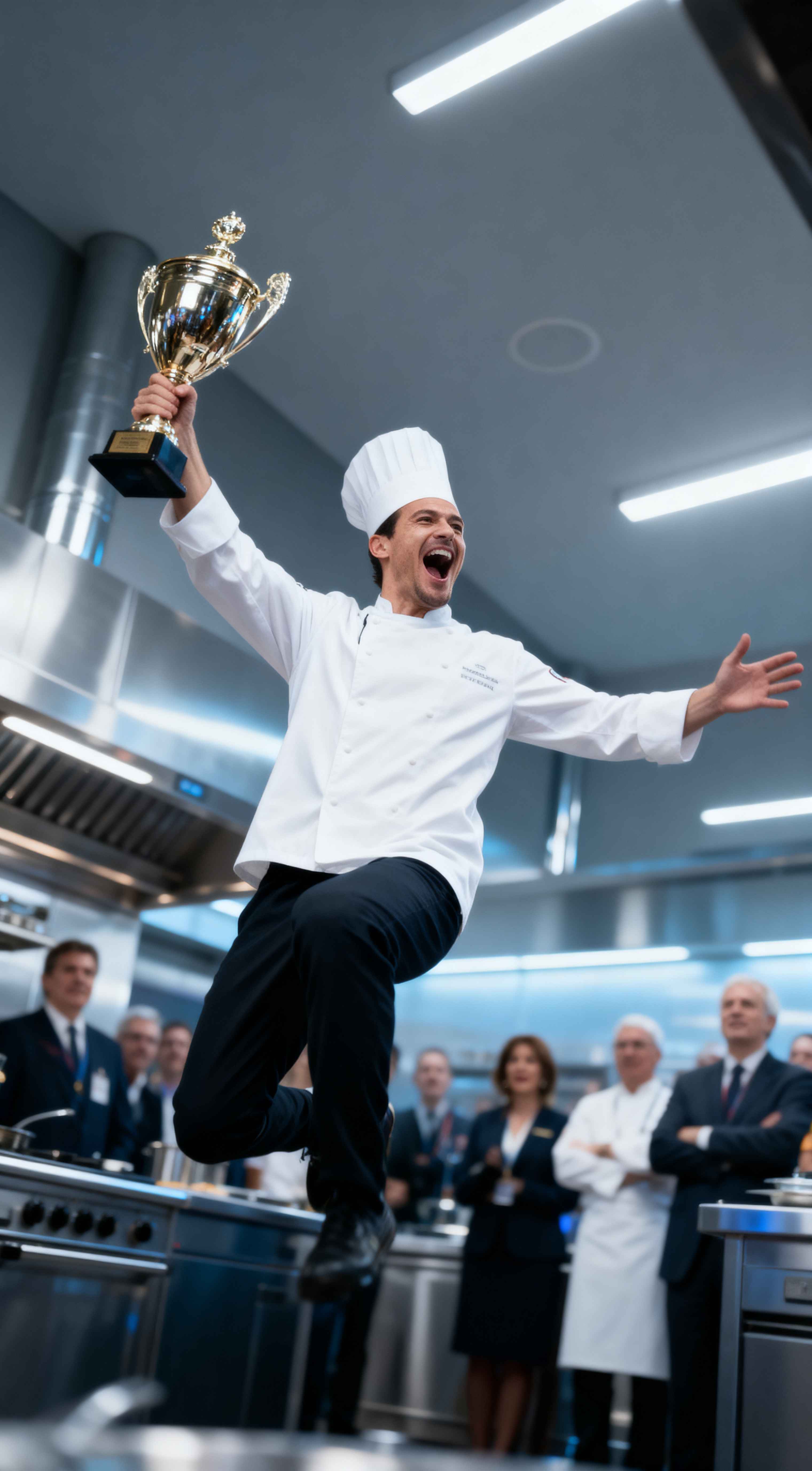 A professional chef in a white uniform jumping for joy holding a gold trophy in a stainless steel kitchen.