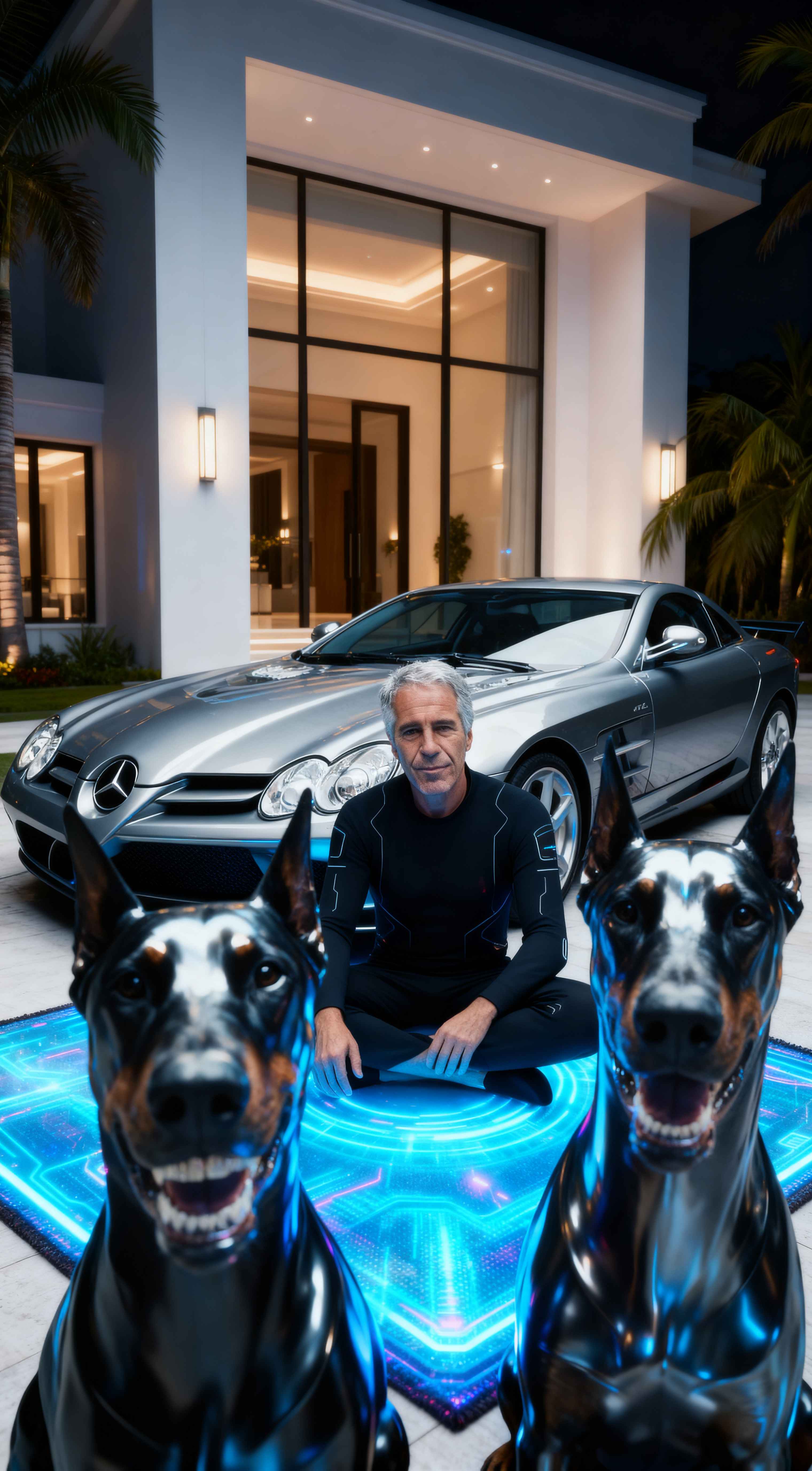 A man sitting before a silver Mercedes SLR car and two Dobermans on a glowing neon blue mat at a luxury mansion.
