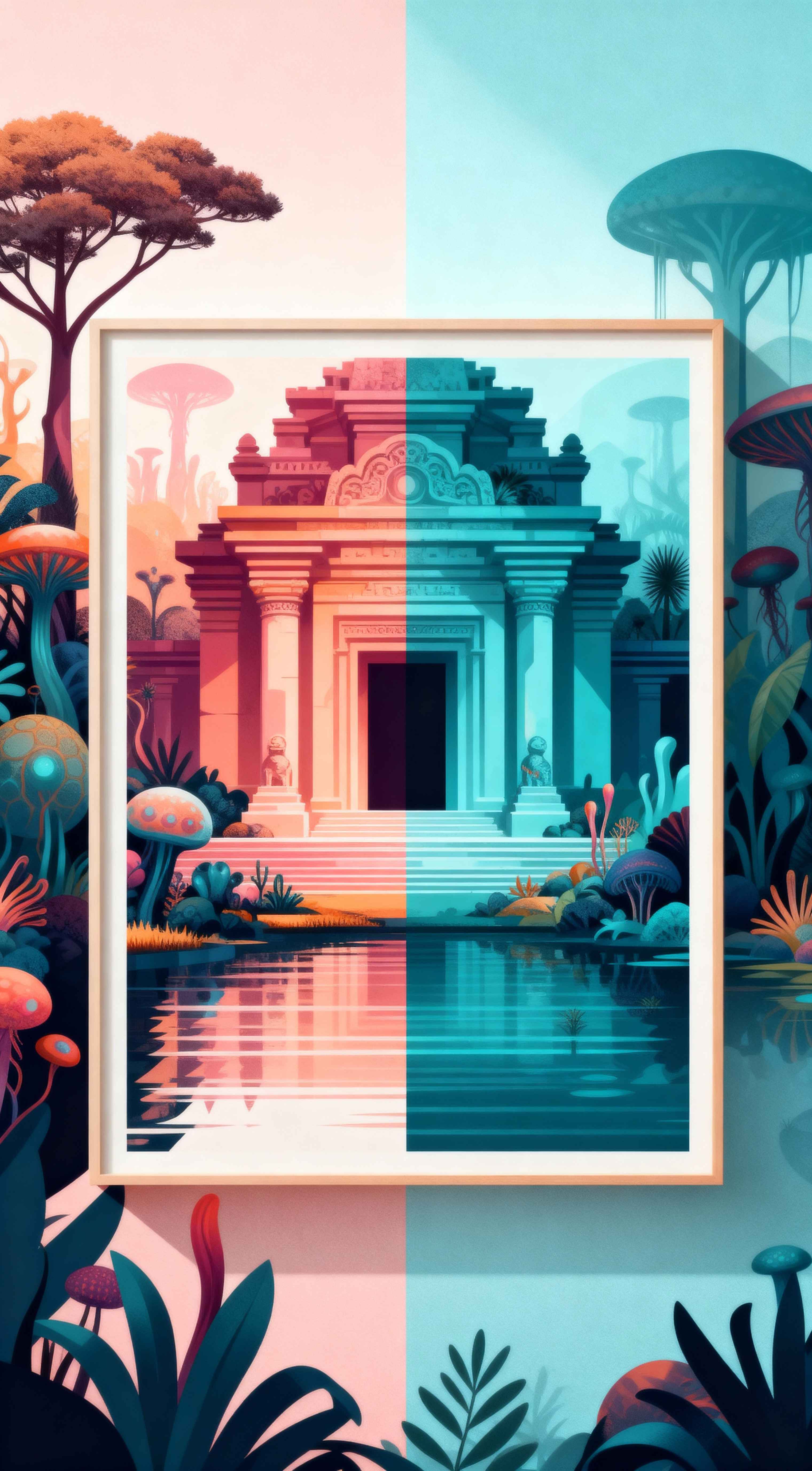 A vertical split-screen vector illustration of a fantasy temple mirrored in water with pink and teal color palettes.