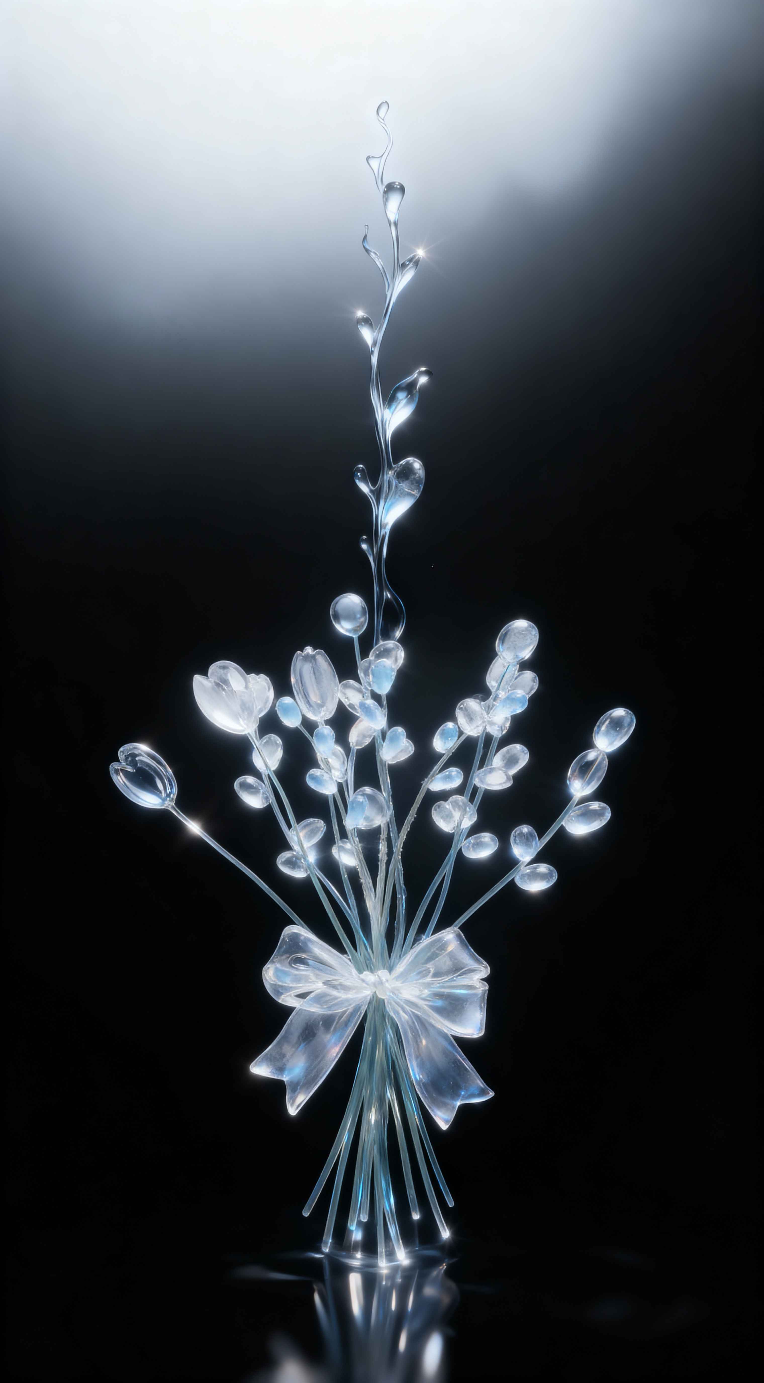 A delicate glass bouquet of icy flowers with a transparent bow on a dark background with glowing light reflections.