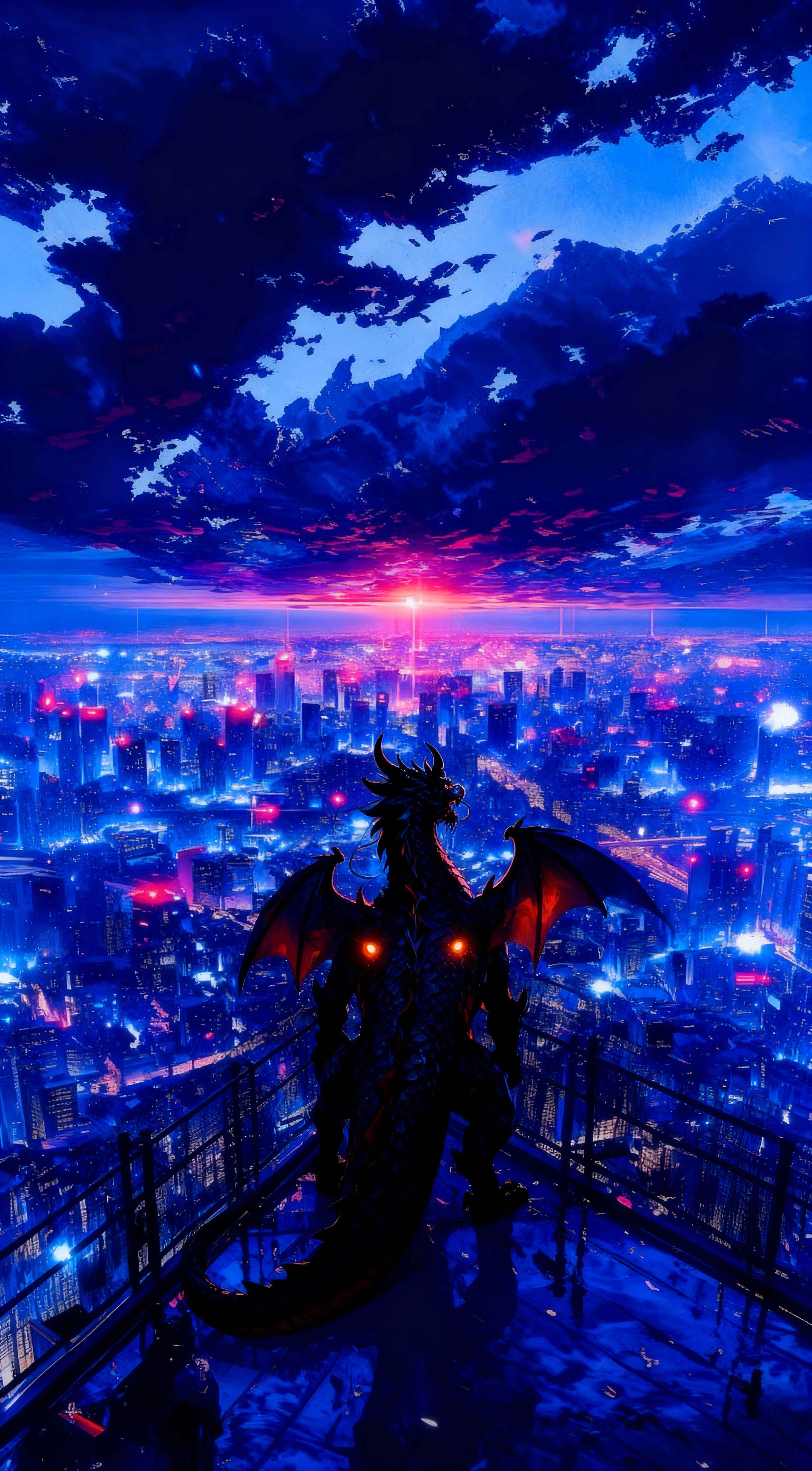 A large black dragon silhouette overlooking a neon-lit futuristic city at night with blue and pink clouds in 4K.