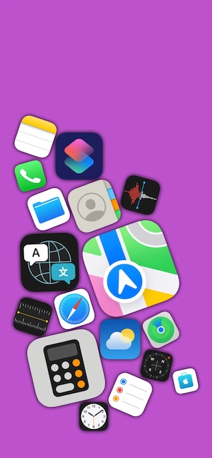 Scattered 3D-style iOS application icons falling on a solid vibrant purple background.
