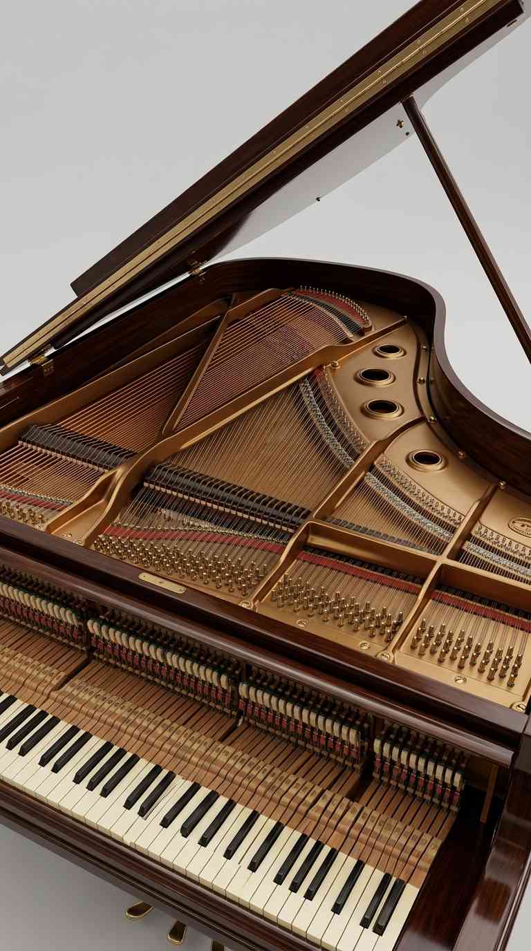 Vue détaillée de l'intérieur d'un piano à queue avec les cordes, les marteaux et les touches blanches et noires.