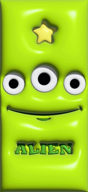 A 3D glossy neon green Toy Story Alien face with three eyes, a smiling mouth, and a yellow star on top.