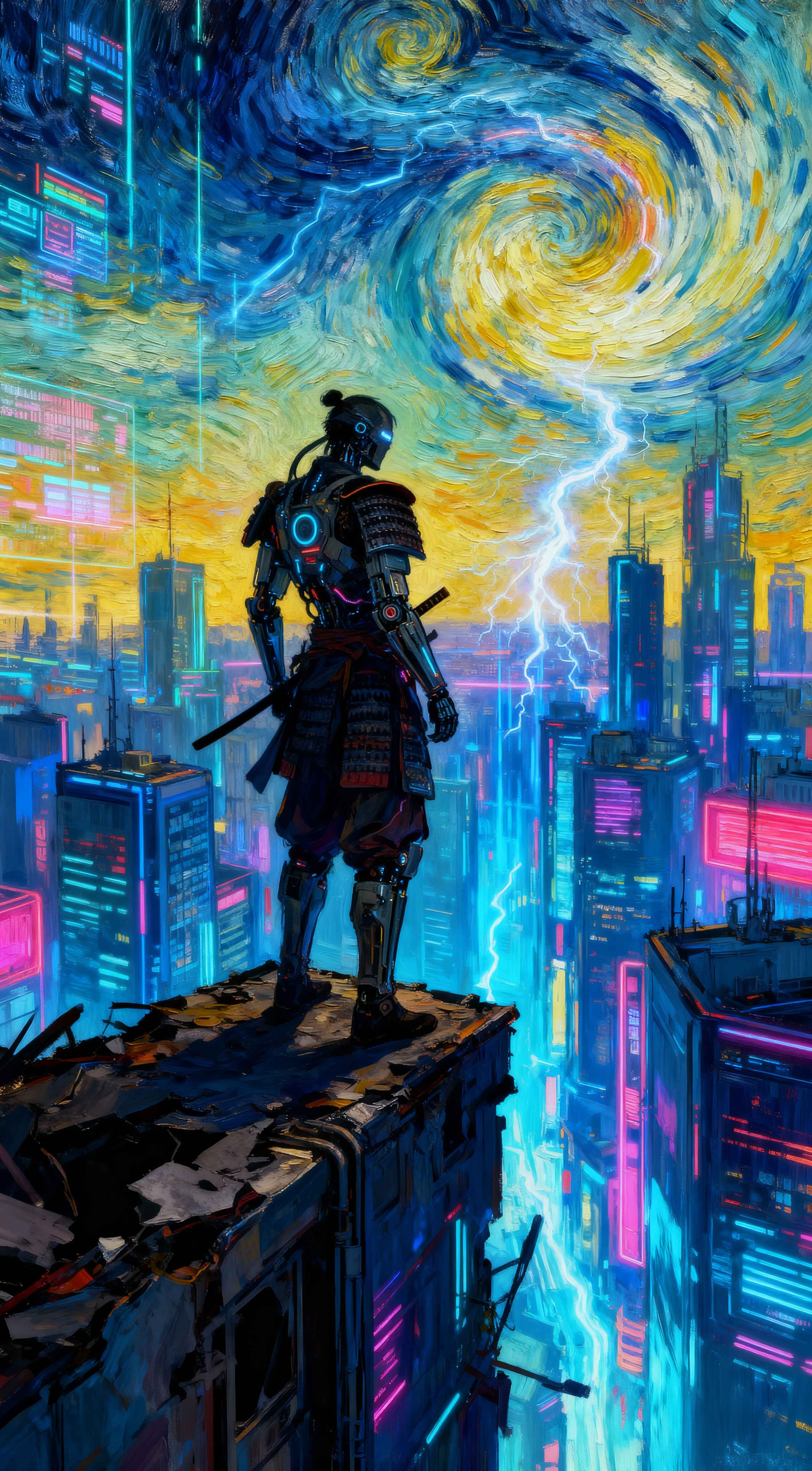 Robotic samurai on a rooftop overlooking a neon cyberpunk city under a Van Gogh Starry Night style swirling sky.