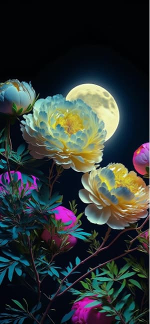 White peonies and pink flowers glowing under a bright full moon against a dark night sky.