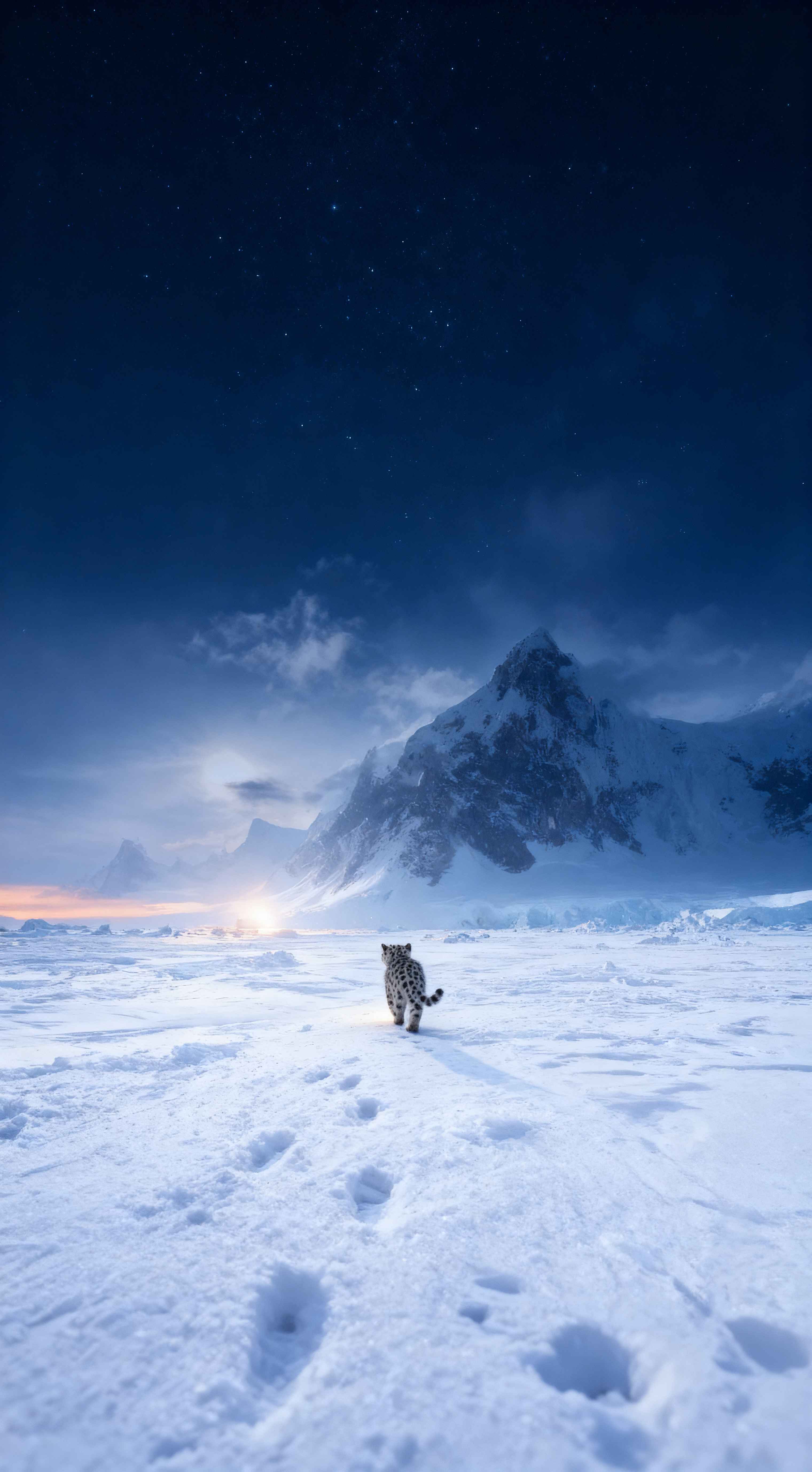 A snow leopard cub walks through deep snow toward tall mountains under a starry navy blue night sky with footprints.