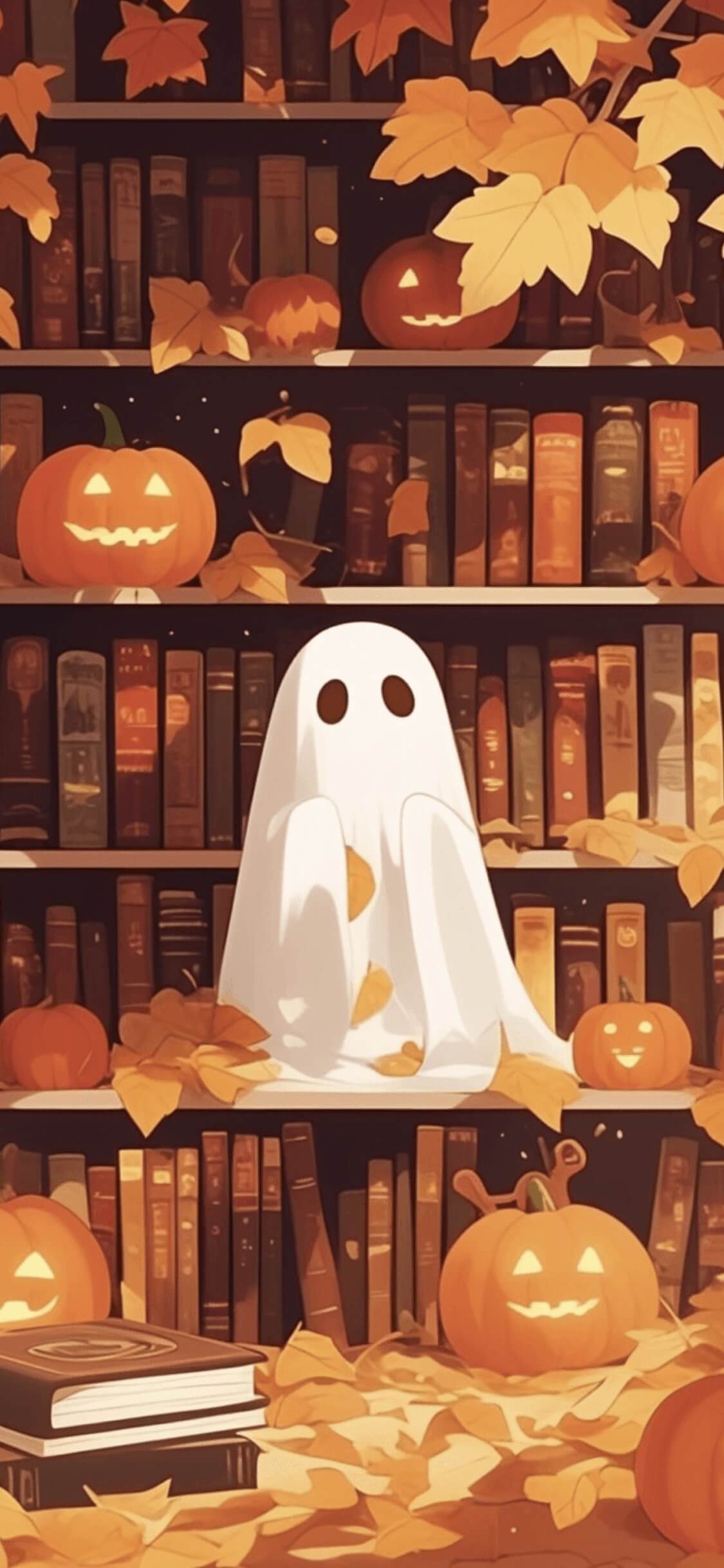 Una ilustración de un pequeño fantasma de sábana blanca en un estante de libros con calabazas de Halloween y hojas de otoño secas.