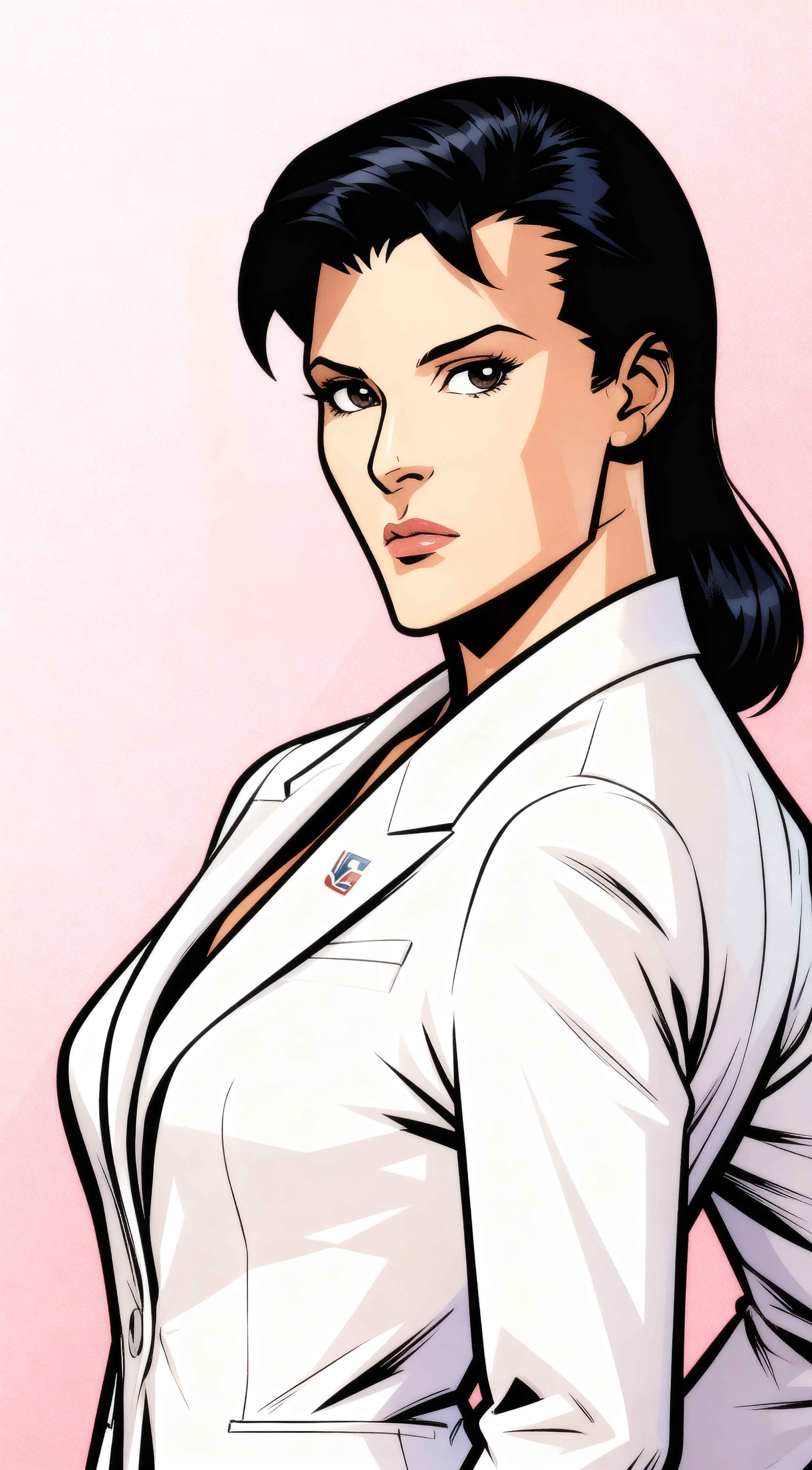 Comic art illustration of a woman with dark hair wearing a white blazer against a light pink background.