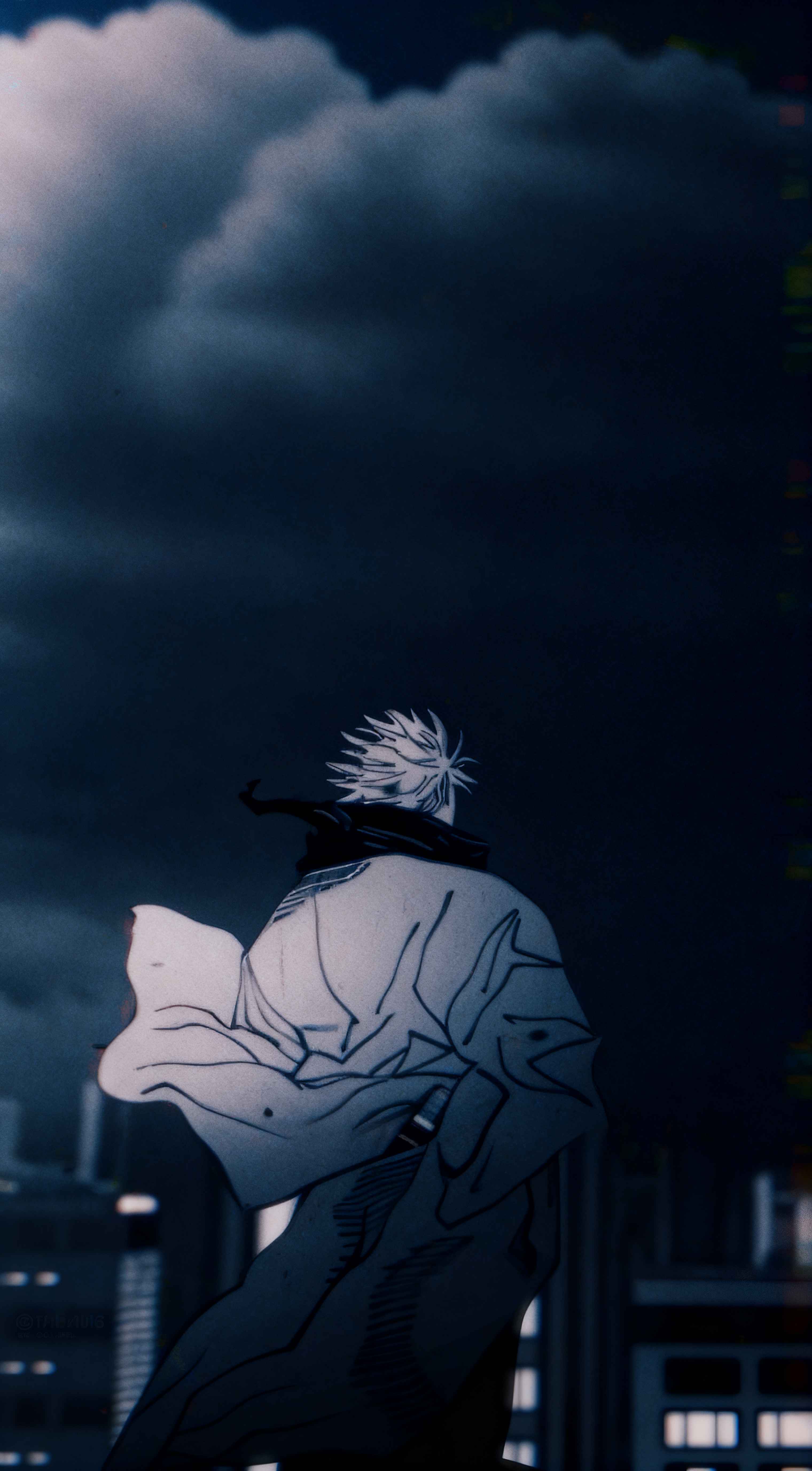 Satoru Gojo manga style illustration overlooking a dark city at night with blue clouds, anime phone wallpaper.