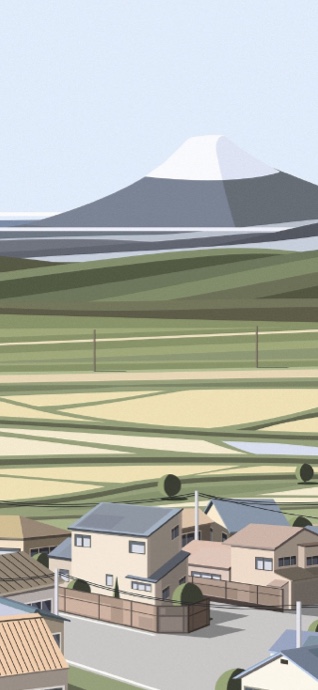 눈 덮인 후지산과 일본 마을, 초록색 들판을 그린 깔끔한 벡터 일러스트레이션.