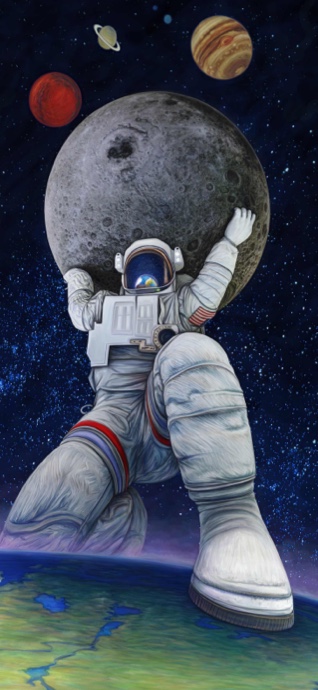 A giant astronaut kneeling on Earth holding a massive moon on his shoulders like Atlas, with planets Mars, Saturn, and Jupiter in a starry space background.