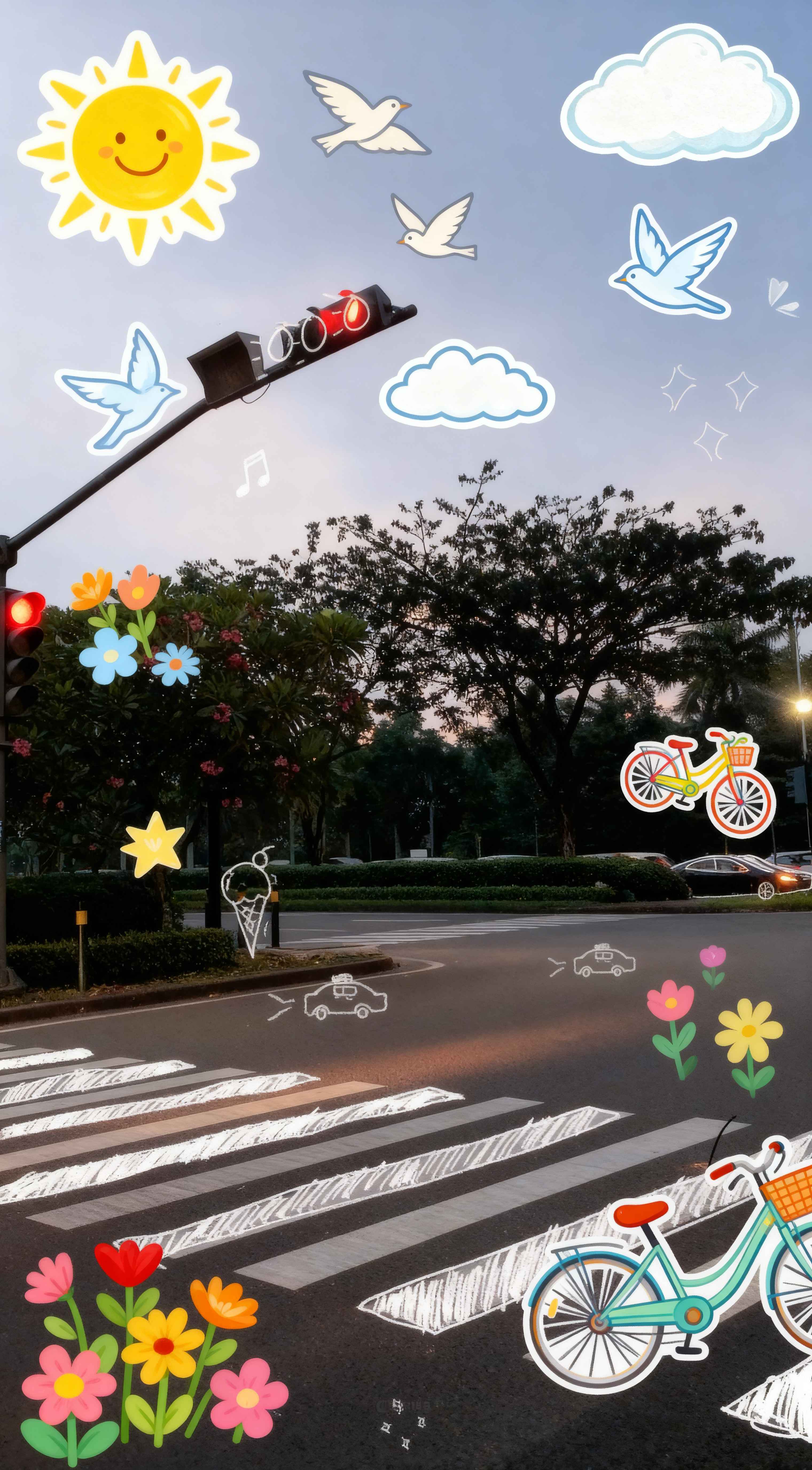 A real-life city street crosswalk at dusk with colorful cartoon doodles of a sun, flowers, and birds overlaid.