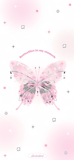 Ein stilisierter rosa-grauer Schmetterling mit Glitzer und dem Text 'Butterflies in my stomach' auf weißem Hintergrund.