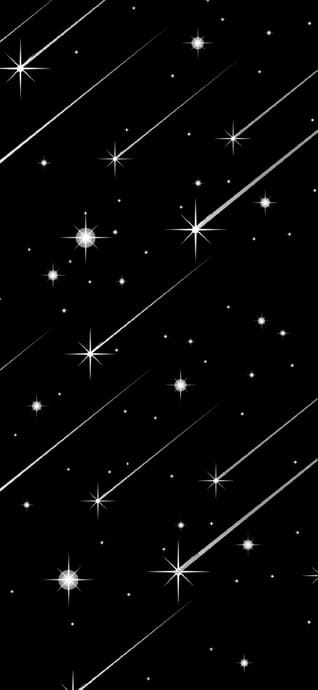 A minimalist mobile wallpaper featuring white shooting stars and glowing star shapes on a solid black background.