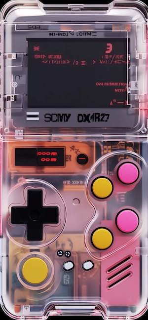 내부 회로가 보이는 투명한 레트로 휴대용 게임기, 분홍색과 노란색 버튼.
