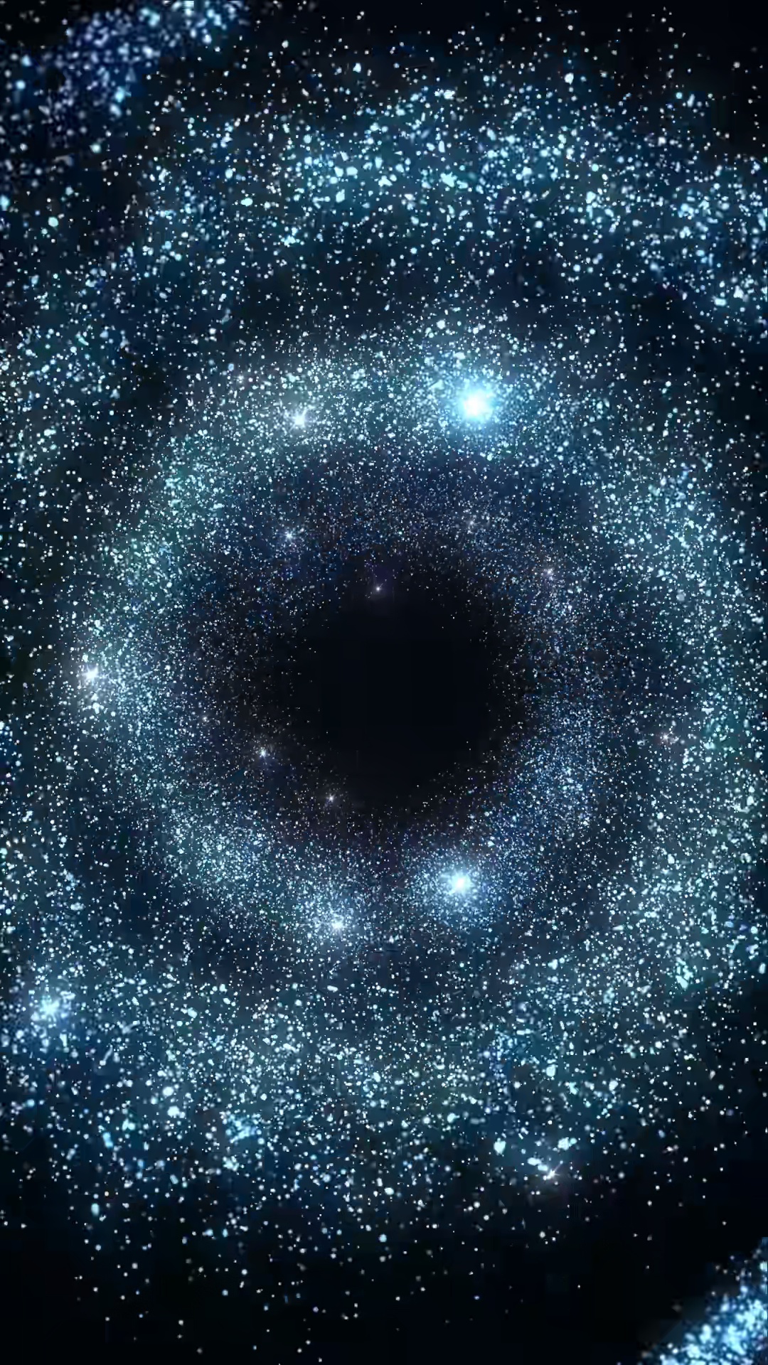 Animated illustration of a swirling blue galaxy vortex with sparkling stars and a dark central portal in a vertical mobile format.