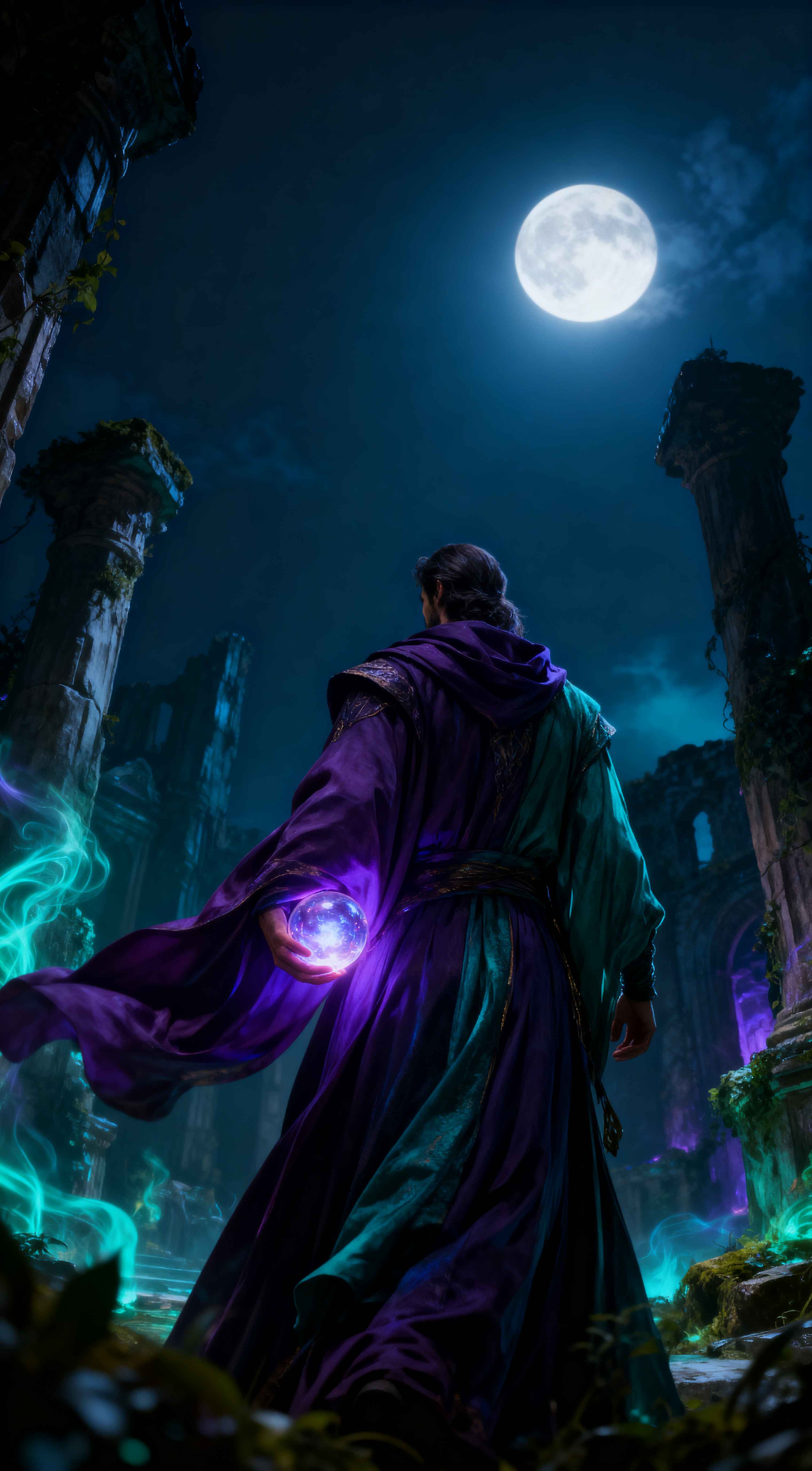 A wizard in purple robes holding a glowing magic orb in ancient ruins under a large bright full moon at night.