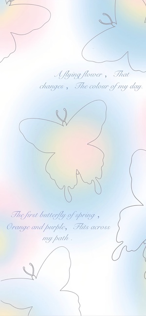 파스텔 핑크와 블루 그라데이션 배경에 미니멀한 나비 선화와 봄 관련 영문 시가 적힌 배경화면.