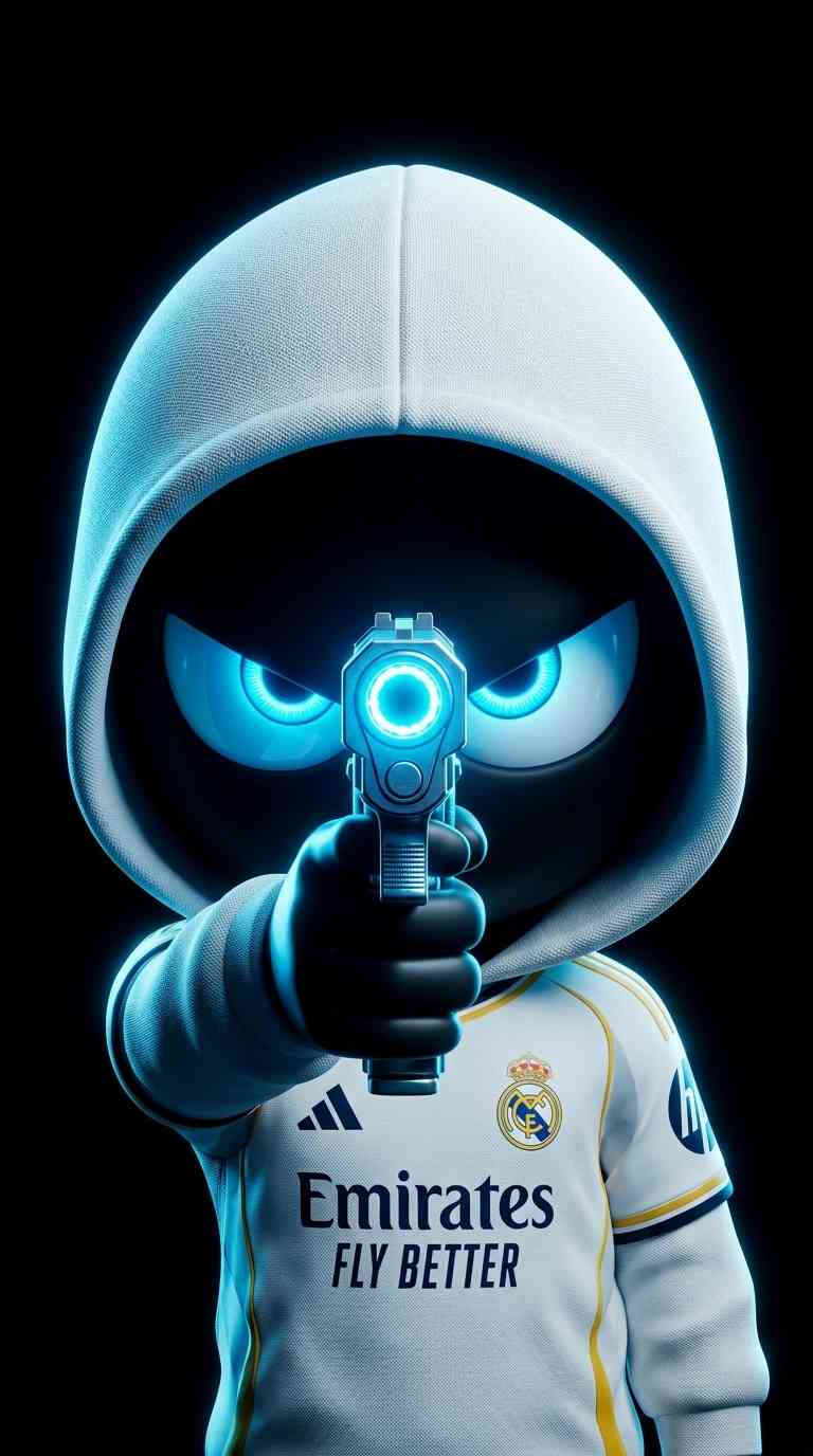 レアル・マドリードのユニフォームを着て、光る青い銃を構える3Dキャラクター。背景は黒、目はネオンブルーに光っている。