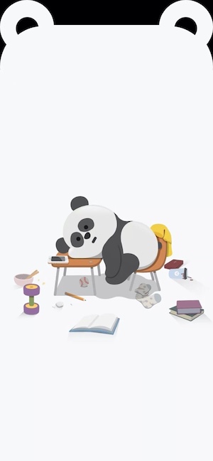 Ilustración minimalista de un panda cansado acostado en un escritorio con libros y café sobre fondo blanco.