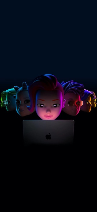 A group of five diverse 3D Apple Memoji characters looking down at a glowing MacBook in a dark setting with pink and blue neon lighting.