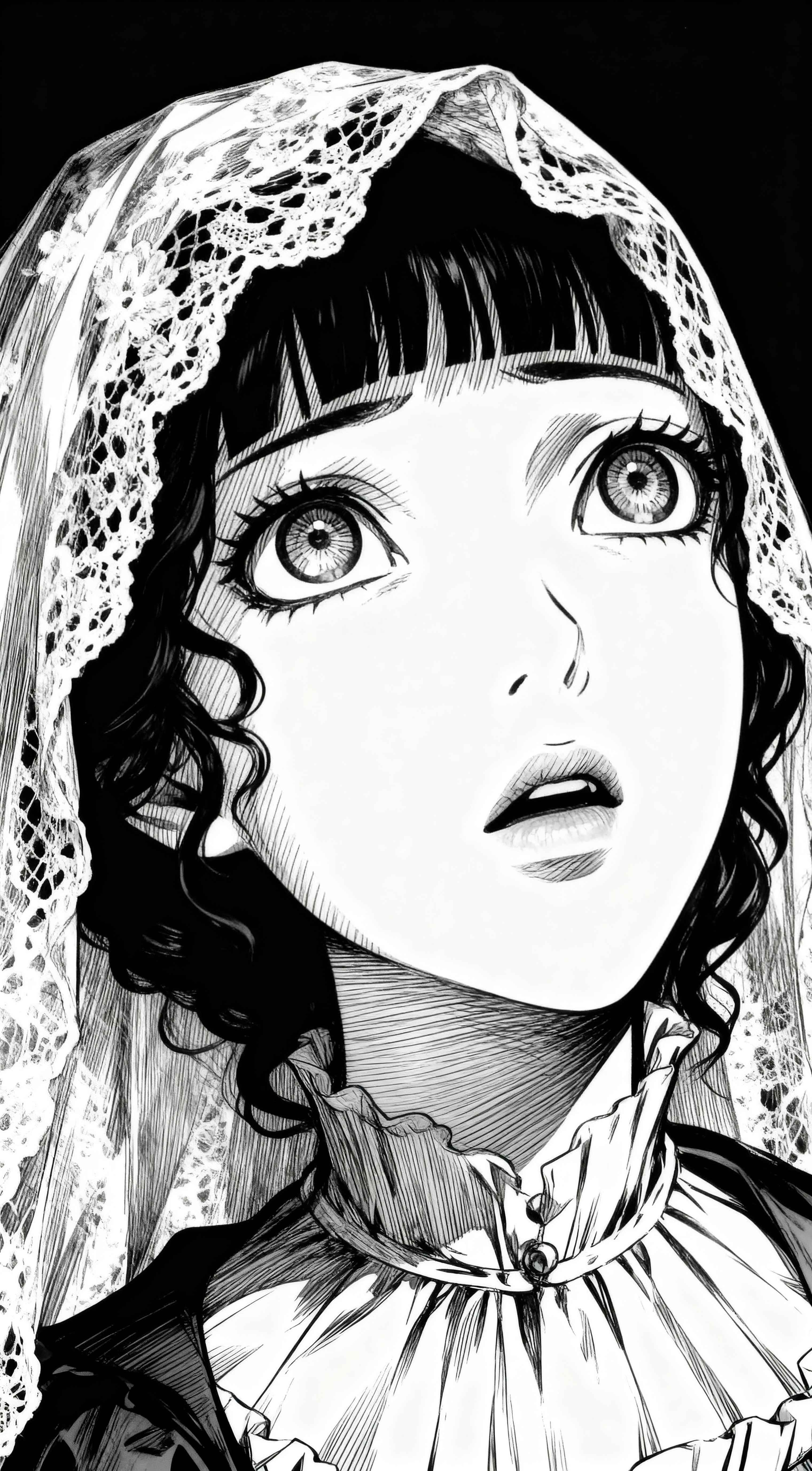 Detailed monochrome manga art of Marie-Josephe Sanson with a lace veil and large expressive eyes looking up.
