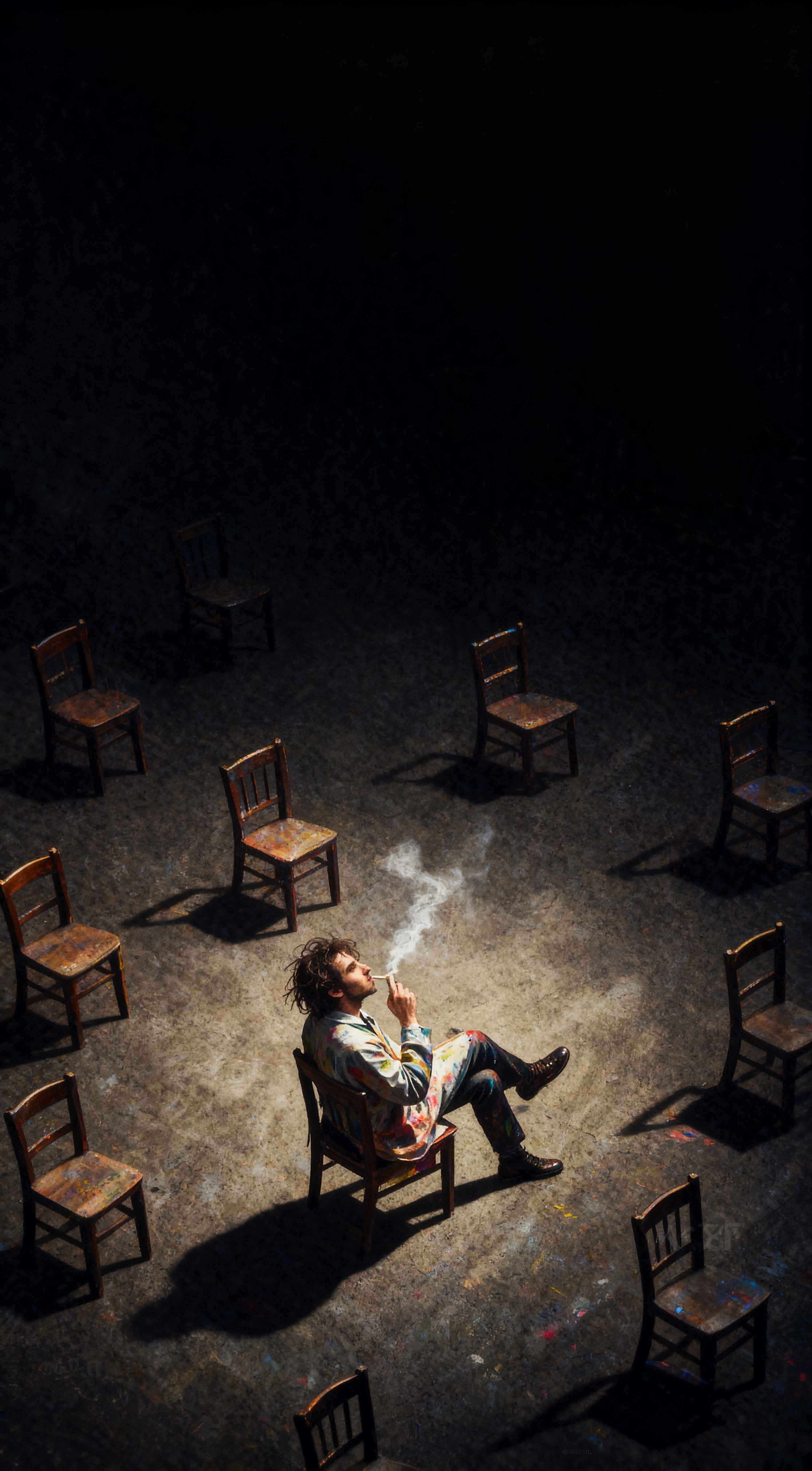 A man in paint-splattered clothes sitting on a chair smoking in a dark studio surrounded by empty wooden chairs.