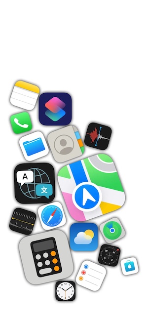 Una pila creativa de iconos de aplicaciones estilo iOS en 3D sobre un fondo blanco minimalista.