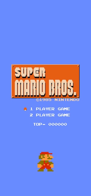 Retro Super Mario Bros NES title screen with 8-bit Mario on a blue background.