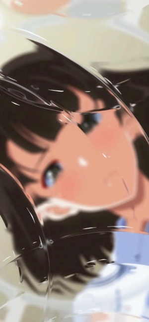 A close-up of Ran Mouri from Detective Conan seen through a distorted, liquid glass surface with water droplets and soft lighting.