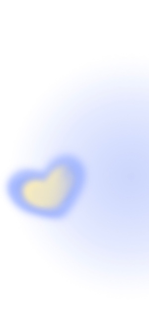 하얀 배경 위에 부드럽게 번진 파란색 오로라 하트와 노란색 중심부 이미지.