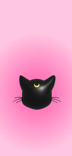 3D rendered black cat head with a yellow crescent moon on the forehead against a soft pink gradient background.