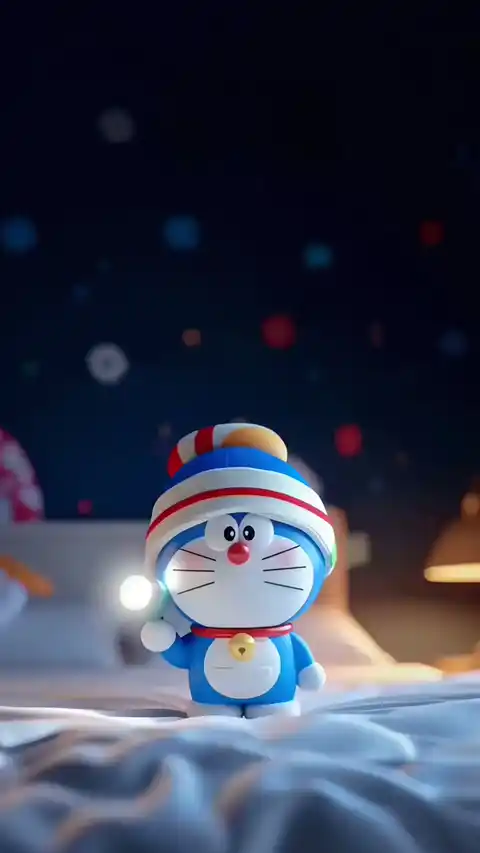 ニット帽をかぶり懐中電灯を持つ3Dドラえもんの動く壁紙。背景には幻想的な光の玉。