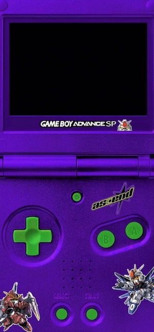 A close-up vertical shot of a metallic purple Game Boy Advance SP handheld console with bright green buttons and D-pad, featuring Gundam character stickers on the shell.