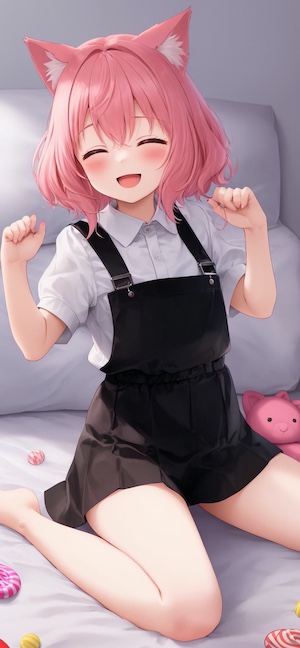一位粉紅色頭髮且帶著貓耳的動漫少女，穿著黑色吊帶裙坐在床上微笑。