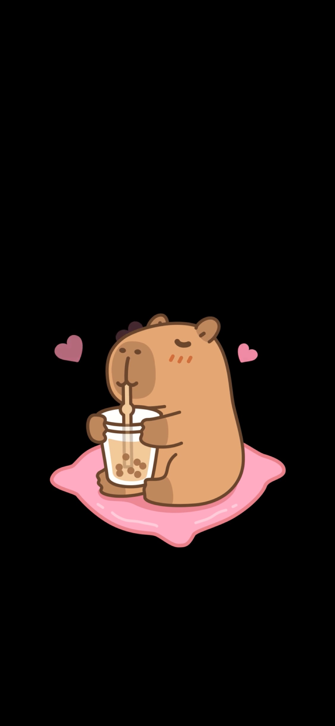 Animated illustration of a cute cartoon capybara sitting on a pink cushion drinking boba tea on a solid black background.