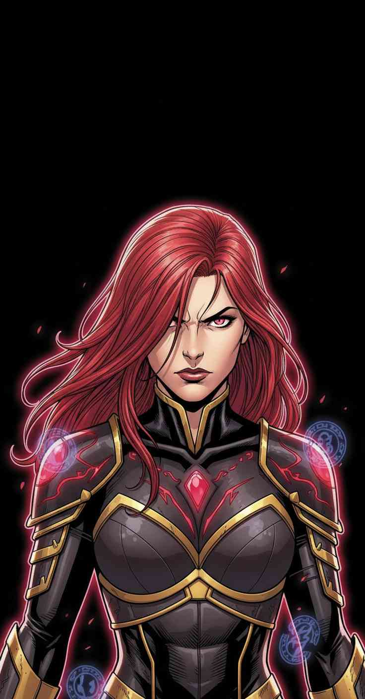 Jean Grey with long red hair and glowing pink eyes wearing black and gold superhero armor on a dark background.