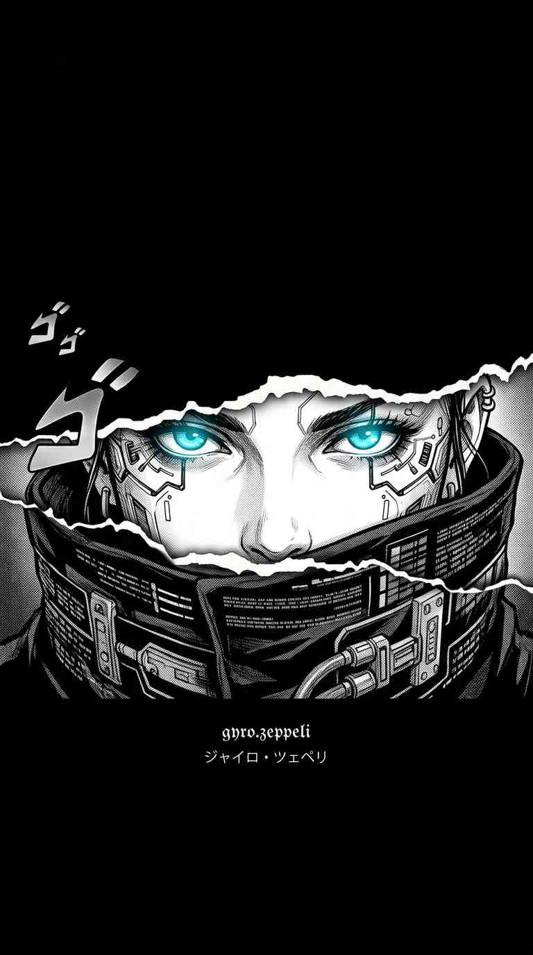 賽博龐克風格的傑洛·齊貝林，擁有發光的藍色雙眼與精緻的機械面部細節，黑白漫畫風格。