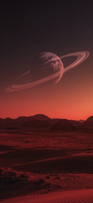 A majestic ringed planet like Saturn in a starry sky above a vast, rocky red desert landscape with orange lighting.